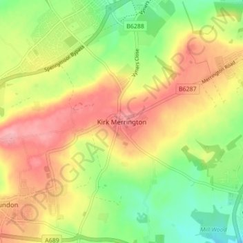 Topografische kaart Kirk Merrington, hoogte, reliëf