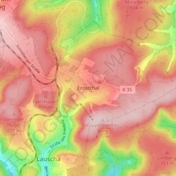 Topografische kaart Ernstthal, hoogte, reliëf