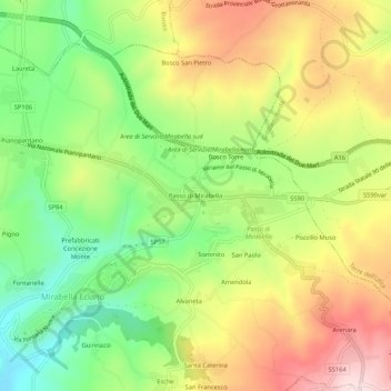 Topografische kaart Passo di Mirabella, hoogte, reliëf
