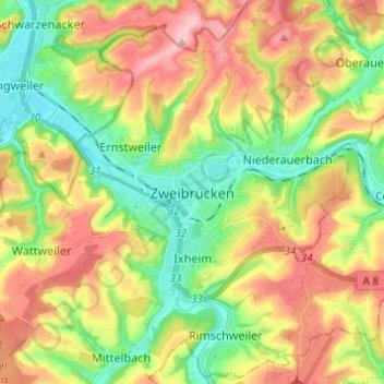 Topografische kaart Zweibrücken, hoogte, reliëf
