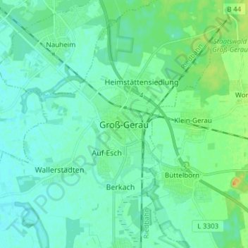 Topografische kaart Groß-Gerau, hoogte, reliëf