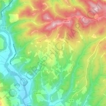 Topografische kaart Monti, hoogte, reliëf