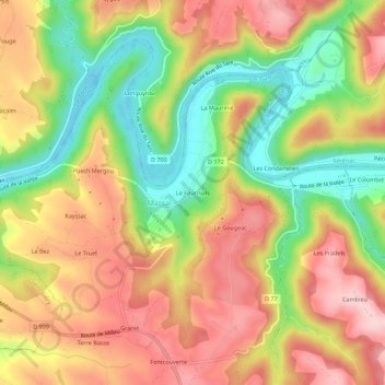Topografische kaart Le Fournials, hoogte, reliëf