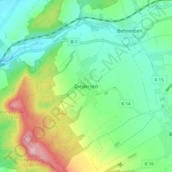 Topografische kaart Diedersen, hoogte, reliëf