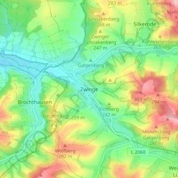 Topografische kaart Zwinge, hoogte, reliëf