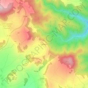 Topografische kaart Chavagnac, hoogte, reliëf