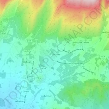 Topografische kaart Les Marchands, hoogte, reliëf
