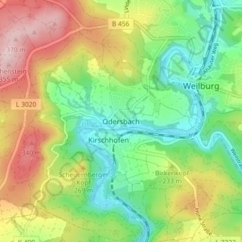 Topografische kaart Odersbach, hoogte, reliëf