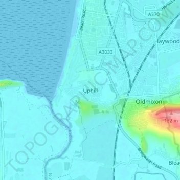 Topografische kaart Uphill, hoogte, reliëf