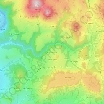 Topografische kaart Les Mouniers, hoogte, reliëf
