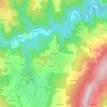 Topografische kaart Sarlanges, hoogte, reliëf