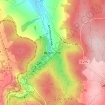 Topografische kaart Brettmühle, hoogte, reliëf
