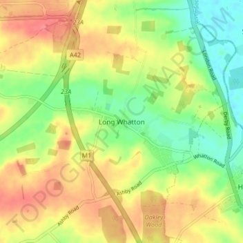 Topografische kaart Long Whatton, hoogte, reliëf