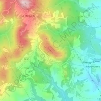 Topografische kaart Poggio Pelato, hoogte, reliëf
