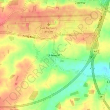 Topografische kaart Diseworth, hoogte, reliëf