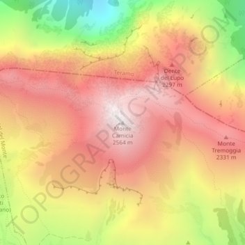 Topografische kaart Monte Camicia, hoogte, reliëf