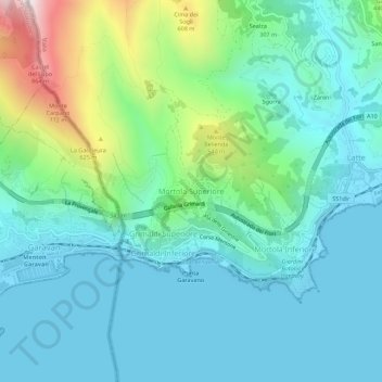 Topografische kaart Mortola Superiore, hoogte, reliëf