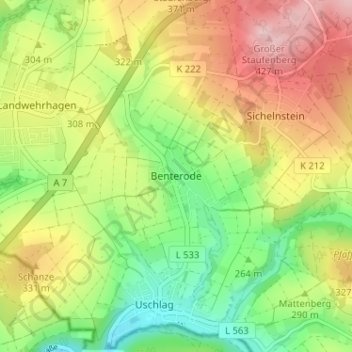 Topografische kaart Benterode, hoogte, reliëf