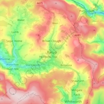 Topografische kaart Bacup, hoogte, reliëf