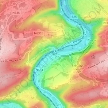 Topografische kaart Tilff, hoogte, reliëf