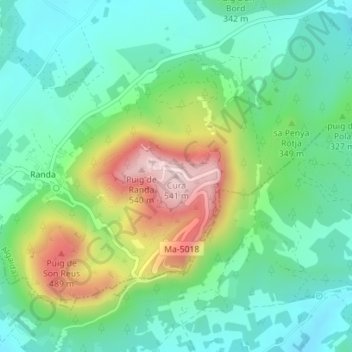 Topografische kaart Cura, hoogte, reliëf