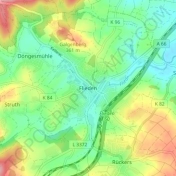 Topografische kaart Flieden, hoogte, reliëf