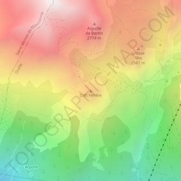 Topografische kaart Crêt Fénère, hoogte, reliëf