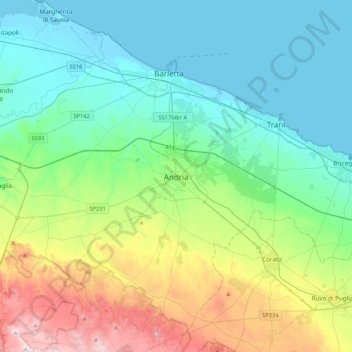 Topografische kaart Andria, hoogte, reliëf