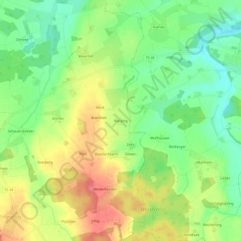 Topografische kaart Weiding, hoogte, reliëf