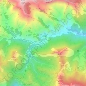 Topografische kaart Tre Fiumi, hoogte, reliëf