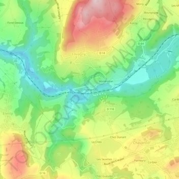 Topografische kaart Pontverre, hoogte, reliëf
