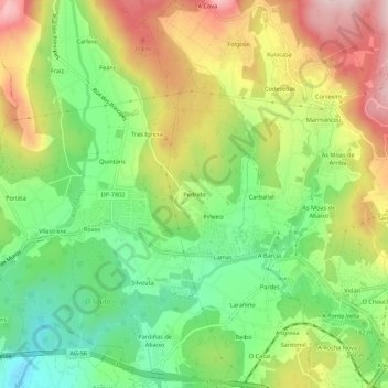 Topografische kaart Pedrido, hoogte, reliëf
