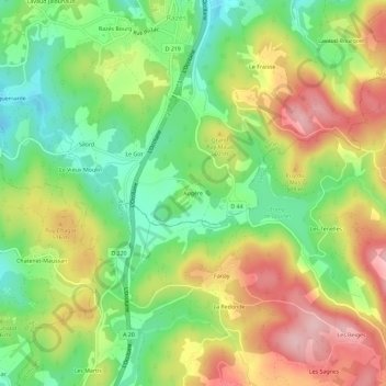 Topografische kaart Augère, hoogte, reliëf