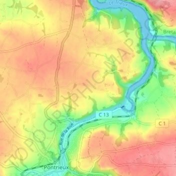 Topografische kaart Penty Croaz-Hent, hoogte, reliëf