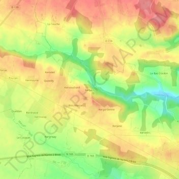 Topografische kaart Kerjuto, hoogte, reliëf