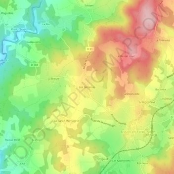 Topografische kaart Les Terrasses, hoogte, reliëf