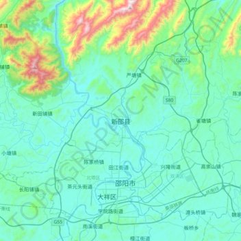 Topografische kaart 新邵县, hoogte, reliëf