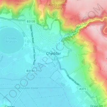 Topografische kaart Cheddar, hoogte, reliëf
