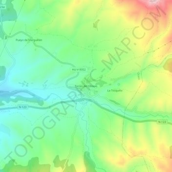 Topografische kaart Torres del Obispo, hoogte, reliëf