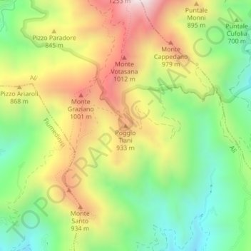 Topografische kaart Poggio Tiani, hoogte, reliëf