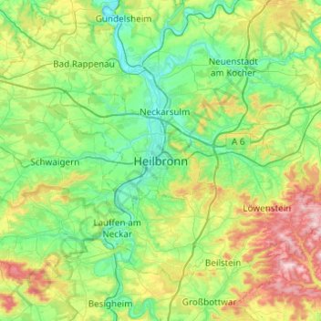 Topografische kaart Heilbronn, hoogte, reliëf