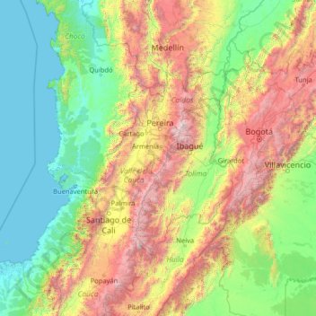 Topografische kaart Quindío, hoogte, reliëf