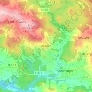 Topografische kaart Haslach, hoogte, reliëf