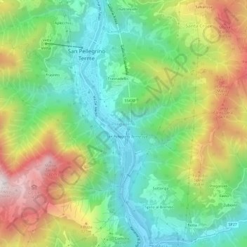 Topografische kaart Pregalleno, hoogte, reliëf