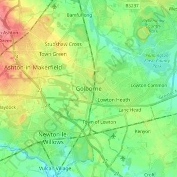 Topografische kaart Golborne, hoogte, reliëf