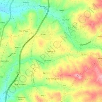 Topografische kaart Raposeira, hoogte, reliëf