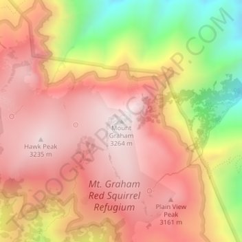 Topografische kaart Mount Graham, hoogte, reliëf