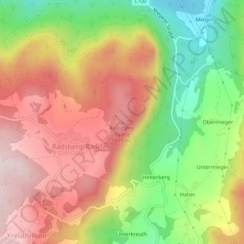 Topografische kaart Radsberg/Radiše, hoogte, reliëf