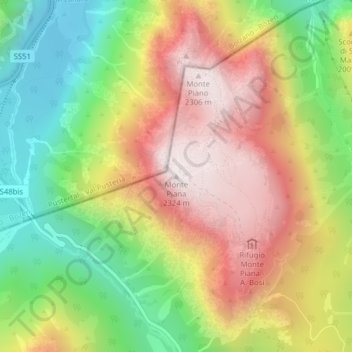 Topografische kaart Monte Piana, hoogte, reliëf