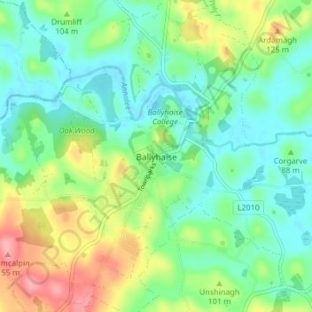 Topografische kaart Ballyhaise, hoogte, reliëf